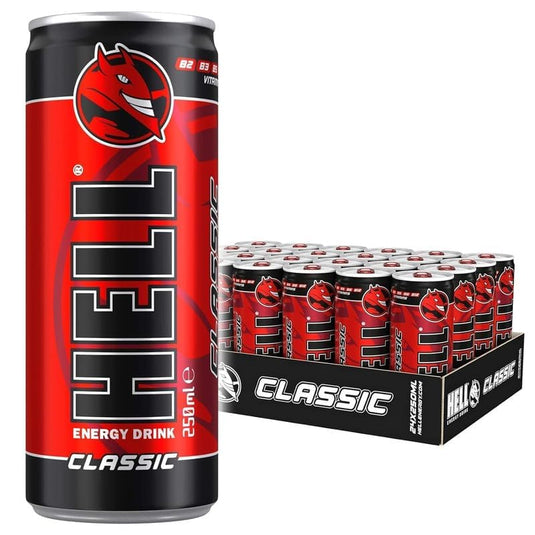 Energy Drink  HELL-CLASSIC | +20% More Caffeine | Vitamins B2, B3, B6, B12, C & D | No Preservatives | Environmentally Friendly Packaging | 24 x 250 ml | Compatible with HELL Energy