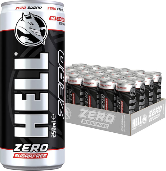 HELL Energy Drink Zero | zuckerfrei | 24 x 250 ml Dosen Multipack | 32 mg/100 ml Koffein | enthält Vitamine B2 B3 B5 B6 B12 | Konservierungsstofffrei | vegan | reduziert Müdigkeit und steigert die