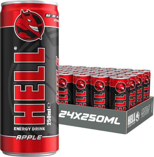 HELL Energy Drink Apple Flavour | 24 x 250ml Cans Multipack | 32mg/100ml Caffeine | Contains Vitamins B2 B3 B5 B6 B12 | Preservative Free | Vegan | Reduce Fatigue & Boost Energy