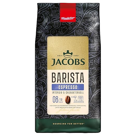 Jacobs Barista Espresso Coffee Beans 1 kg - Strong, Spicy, Cocoa & Caramel Notes, Arabica & Robusta Beans, Intensity 8/10, Ideal for Espresso or Latte Macchiato