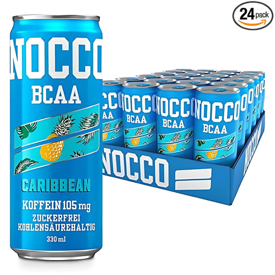 NOCCO BCAA Energy Drink Pack of 24 – Sugar-Free Vegan Energy Drink with Caffeine, Vitamins and Amino Acids – Caribbean Pineapple, 24 x 330 ml (Caribbean)