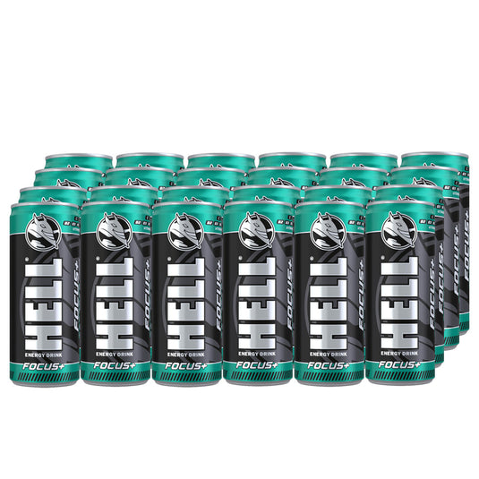 HELL FOCUS Energy Drink | +20% More Caffeine | Vitamins B2, B3, B6, B12, C & D | No Preservatives | Environmentally Friendly Packaging | 24 x 250 ml | Compatible with HELL Energy