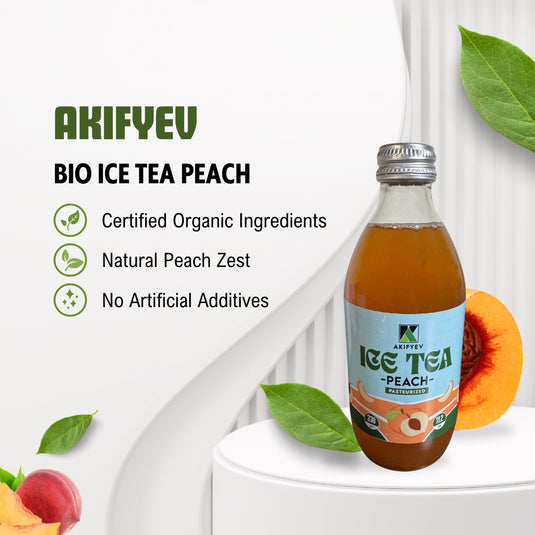 AKIFYEV BIO Ice Tea Peach 12 x 330 ml | Premium Organic Ice Tea in Glass Bottles | Cold Brew + Nitrogen Flush | Natural, Vegan & Allergen-Free Refreshment