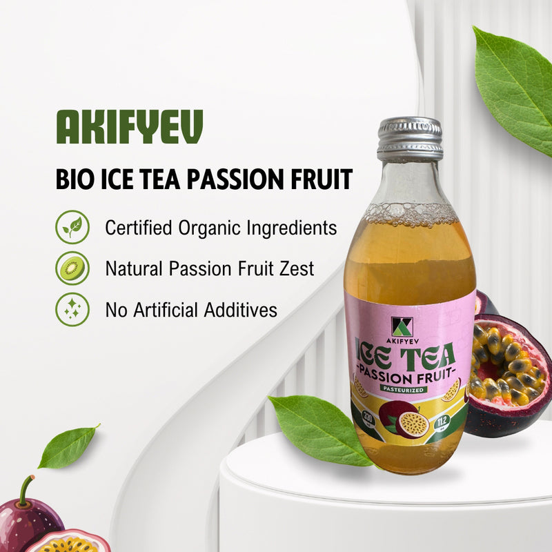 Load image into Gallery viewer, AKIFYEV BIO Ice Tea Passion Fruit 12 x 330 ml | Premium Organic Ice Tea in Glass Bottles | Cold Brew + Nitrogen Flush | Natural, Vegan &amp; Allergen-Free Refreshment
