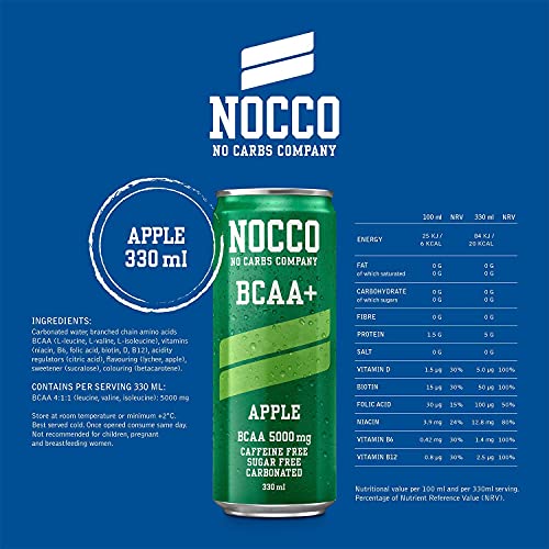 Afbeelding laden in Galerijviewer, NOCCO BCAA+ Apple 24 x 330 ml Aminozurendrank zonder cafeïne en suiker - Koolzuurhoudende sportdrank voor betere prestaties en betere regeneratie 
