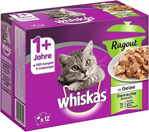 Whiskas 1 + cat food ragout - mixed selection in jelly - high quality wet food with important ingredients, 4 x 12 x 85g (packaging may vary)