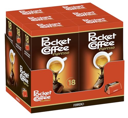 Load image into Gallery viewer, Ferrero Pocket Coffee - Coffee Praline Specialty with Liquid Espresso in Fine Milk and Half Bitter Chocolate - 6 Packs of 18 Individual Chocolates
