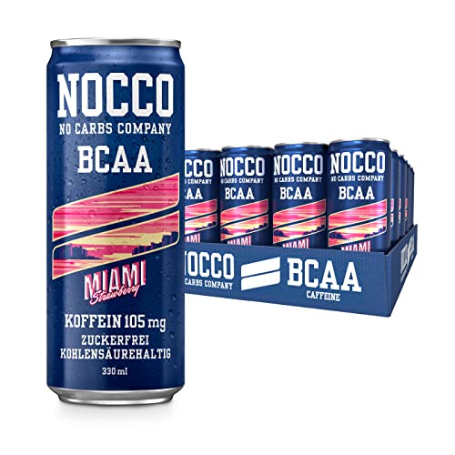 NOCCO BCAA Energy Drink Pack van 24 – Suikervrije veganistische energiedrank met cafeïne, vitamines en aminozuren – Caribische ananas, 24 x 330 ml (Miami) 