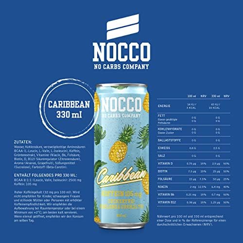 Load image into Gallery viewer, NOCCO BCAA Caribbean 24 x 330 ml Protein Rich Energy Drink without Sugar No Carbs Company Vitamin and Caffeine Boost Carbonated Sports Drinks for Muscle Performance and Regeneration
