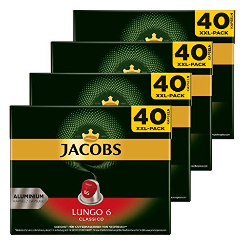 Jacobs Lungo 6 Classico Coffee Capsules, Nespresso Compatible, Coffee, 160 Capsules, 5.2 g Each