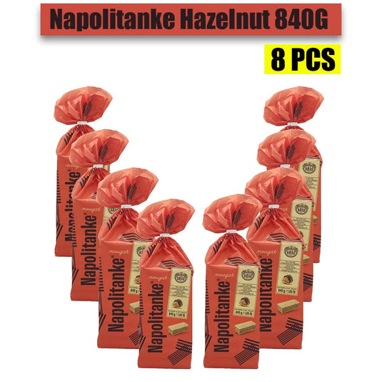 NAPOLITANKE KRAS Premium Wafels - Premium Wafelkoekjes met Heerlijke Melk, Chocolade Crème, Hazelnoot, Citroen en Sinaasappel Vulling - Verschillende Maten (840 g HAZELNOOT, Verpakking van 8) 