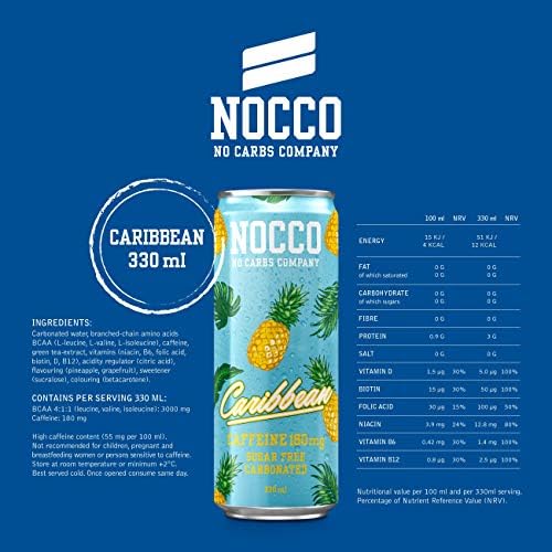 NOCCO BCAA Caribbean 24 x 330ml | Protein-rich energy drink without sugar | No Carbs Company | Vitamin and caffeine boost | Carbonated sports drinks for muscle performance and regeneration