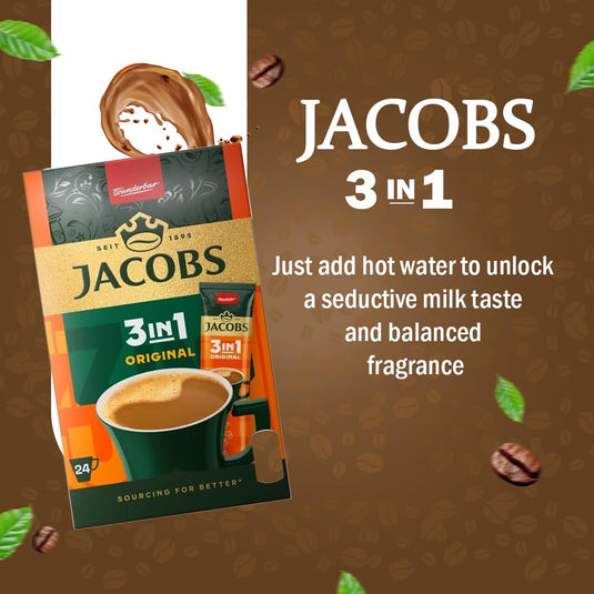 JACOBS 3in1 Instant Coffee Powder – Rich & Creamy Coffee Mix with Sugar & Creamer – 24 Sticks (302.4g) | Available in 144 Sticks (6 Boxes)