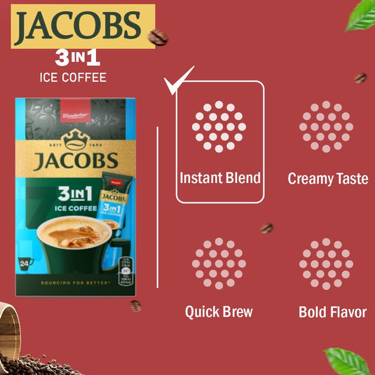 JACOBS 3in1 Ice Coffee Instant Coffee Powder – Refreshing Iced Coffee Mix with Sugar & Creamer – 24 Sticks (304.8g / 297.6g) | Available in 144 Sticks (6 Boxes)