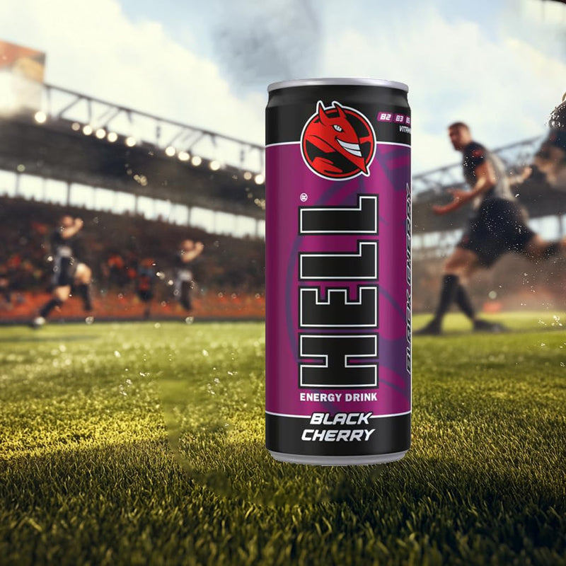 Load image into Gallery viewer, HELL BLACK CHERRY Energy Drink | +20% More Caffeine | Vitamins B2, B3, B6, B12, C &amp; D | No Preservatives | Environmentally Friendly Packaging | 24 x 250 ml | Compatible with HELL Energy
