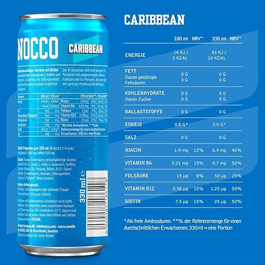 NOCCO BCAA Energy Drink Pack van 24 – Suikervrije veganistische energiedrank met cafeïne, vitamines en aminozuren – Caribische ananas, 24 x 330 ml (Caribisch gebied) 