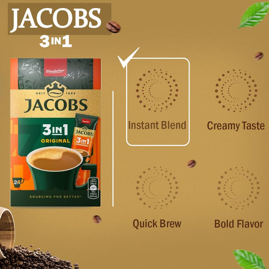 JACOBS 3in1 Instant Coffee Powder – Rich & Creamy Coffee Mix with Sugar & Creamer – 24 Sticks (302.4g) | Available in 144 Sticks (6 Boxes)