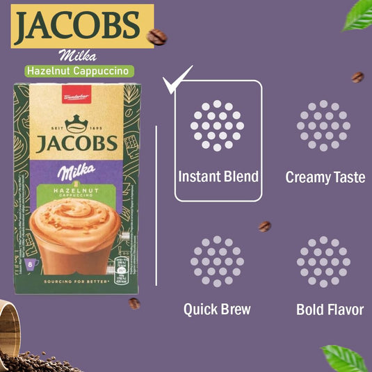 JACOBS Milka Hazelnut Cappuccino – Instant Coffee, 8 Sticks (132g) | Available in 1 Box & 10 Boxes (80 Sticks)