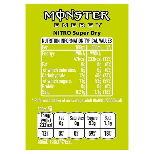 MONSTER ENERGY Nitro Super Dry Verpakking van 12 eenheden van 500 ml - Totaal 6 liter 