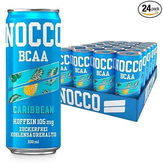 NOCCO BCAA Energy Drink Pack van 24 – Suikervrije veganistische energiedrank met cafeïne, vitamines en aminozuren – Caribische ananas, 24 x 330 ml (Caribisch gebied) 