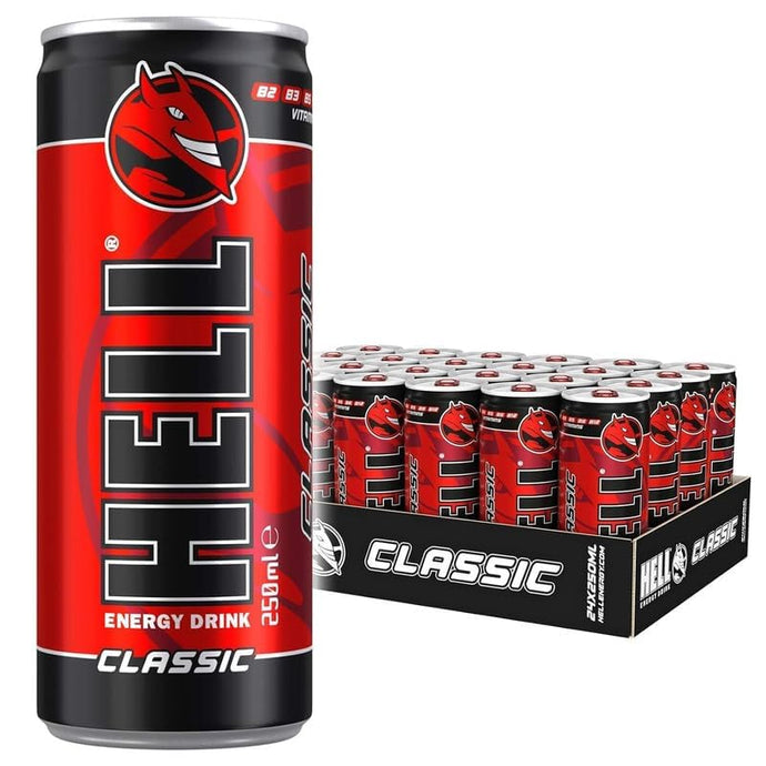 Energy Drink  HELL-CLASSIC | +20% More Caffeine | Vitamins B2, B3, B6, B12, C & D | No Preservatives | Environmentally Friendly Packaging | 24 x 250 ml | Compatible with HELL Energy