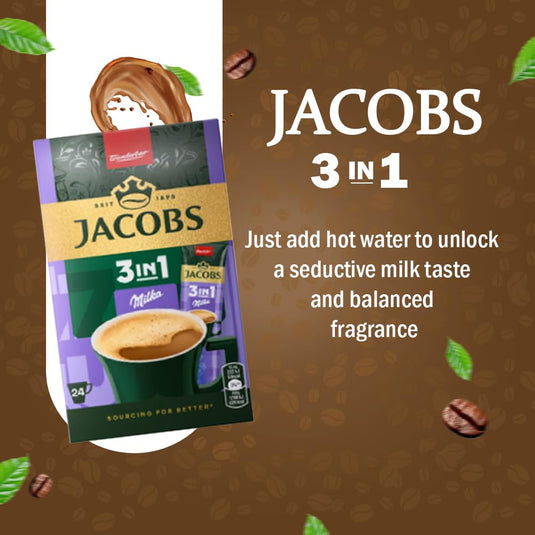 JACOBS 3in1 Milka Instant Coffee Powder – Coffee Mix with Milka Chocolate Flavor, Sugar & Creamer – 24 Sticks (297.6g) | Also Available in 144 Sticks (6 Boxes)