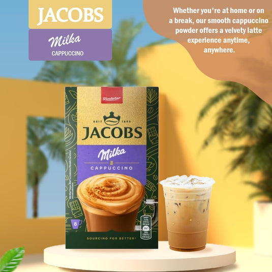 Jacobs Milka, cappuccino, 8 sticks, 126.4 g, single portions, fresh supply of wholesale, strong and rich coffee.