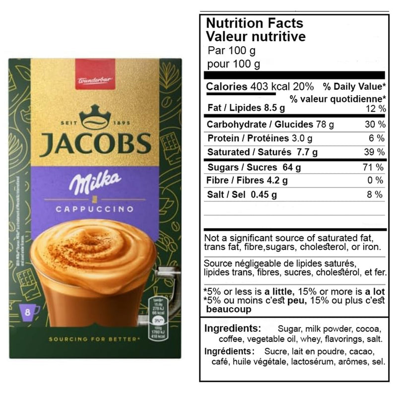 Load image into Gallery viewer, Jacobs Milka, cappuccino, 8 sticks, 126.4 g, single portions, fresh supply of wholesale, strong and rich coffee.
