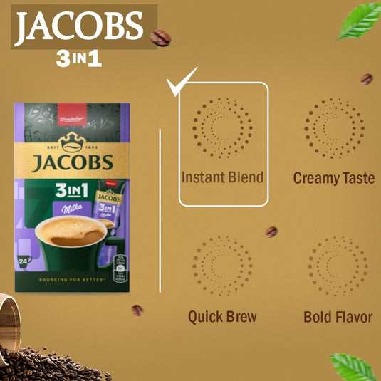 JACOBS 3in1 Milka Instant Coffee Powder – Coffee Mix with Milka Chocolate Flavor, Sugar & Creamer – 24 Sticks (297.6g) | Also Available in 144 Sticks (6 Boxes)