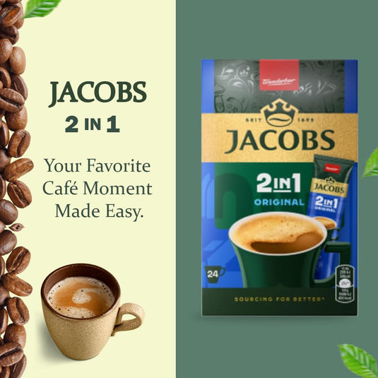JACOBS 2-in-1 Instant Coffee Powder – Smooth Coffee Mix with Creamer, No Added Sugar – 24 Sticks (297.6g) | Available in 144 Sticks (6 Boxes)