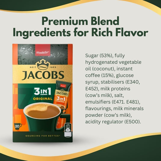 Jacobs 3-in-1, instant coffee powder, 24 sticks/sachets, 302.4 g, 6 packs of 24 sticks, total 144 sticks