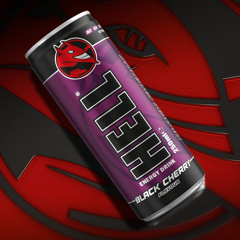 Load image into Gallery viewer, HELL BLACK CHERRY Energy Drink | +20% More Caffeine | Vitamins B2, B3, B6, B12, C &amp; D | No Preservatives | Environmentally Friendly Packaging | 24 x 250 ml | Compatible with HELL Energy
