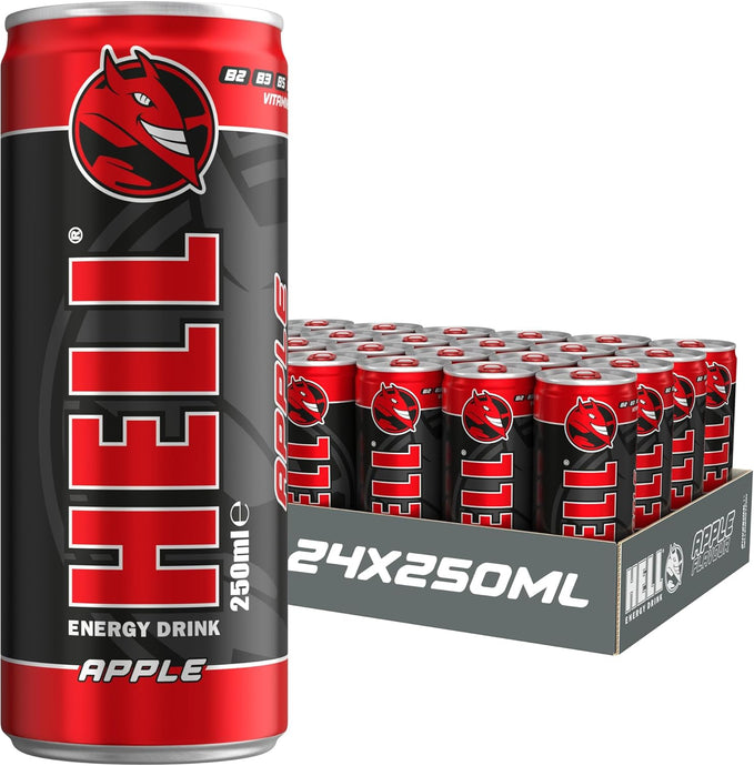HELL Energy Drink Apple Flavour | 24 x 250ml Cans Multipack | 32mg/100ml Caffeine | Contains Vitamins B2 B3 B5 B6 B12 | Preservative Free | Vegan | Reduce Fatigue & Boost Energy