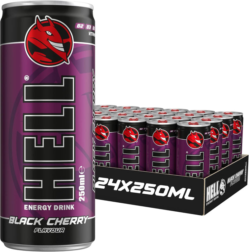 Load image into Gallery viewer, HELL BLACK CHERRY Energy Drink | +20% More Caffeine | Vitamins B2, B3, B6, B12, C &amp; D | No Preservatives | Environmentally Friendly Packaging | 24 x 250 ml | Compatible with HELL Energy
