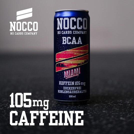 NOCCO BCAA Energy Drink Pack of 24 – Sugar-Free Vegan Energy Drink with Caffeine, Vitamins and Amino Acids – Miami Strawberry, 24 x 330 ml (Miami)