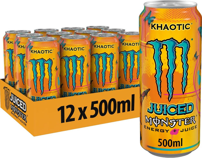 Monster Energy Juiced Khaotic Caffeinated Energy Drink with Tropical Citrus Flavour in Practical Disposable Tins (12 x 500 ml)