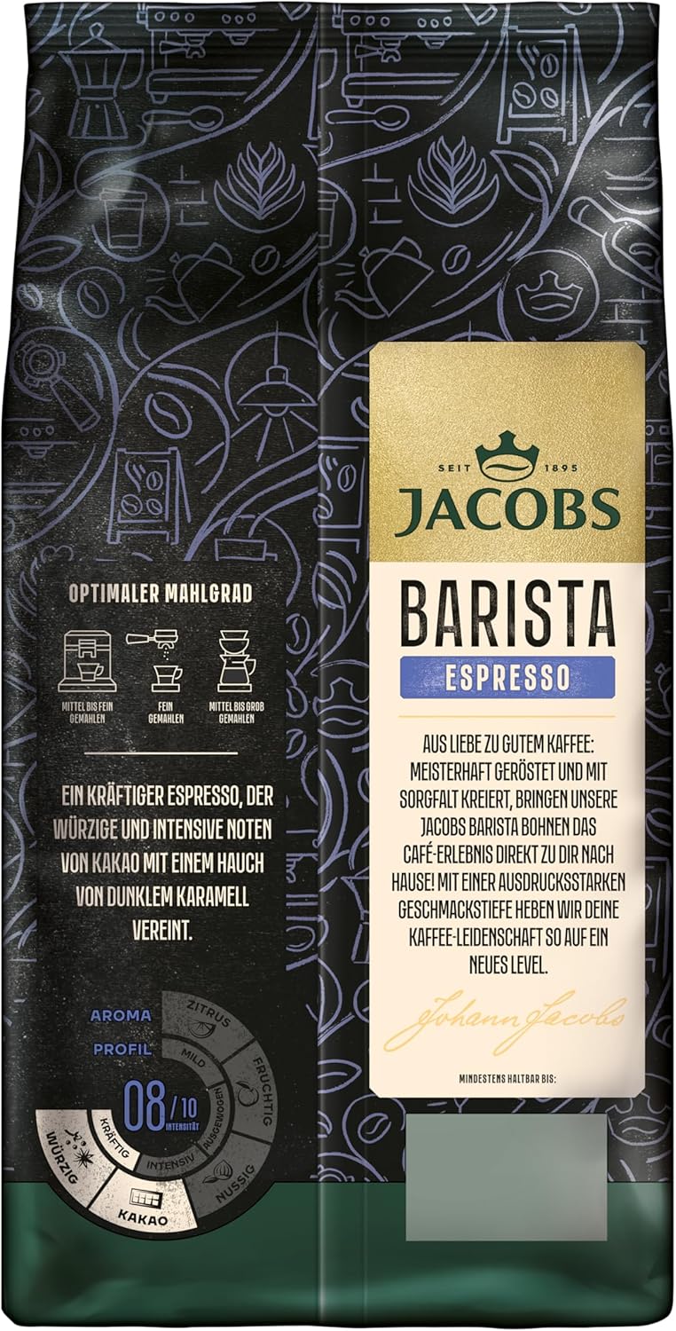 Load image into Gallery viewer, Jacobs Barista Espresso Coffee Beans 1 kg - Strong, Spicy, Cocoa &amp; Caramel Notes, Arabica &amp; Robusta Beans, Intensity 8/10, Ideal for Espresso or Latte Macchiato
