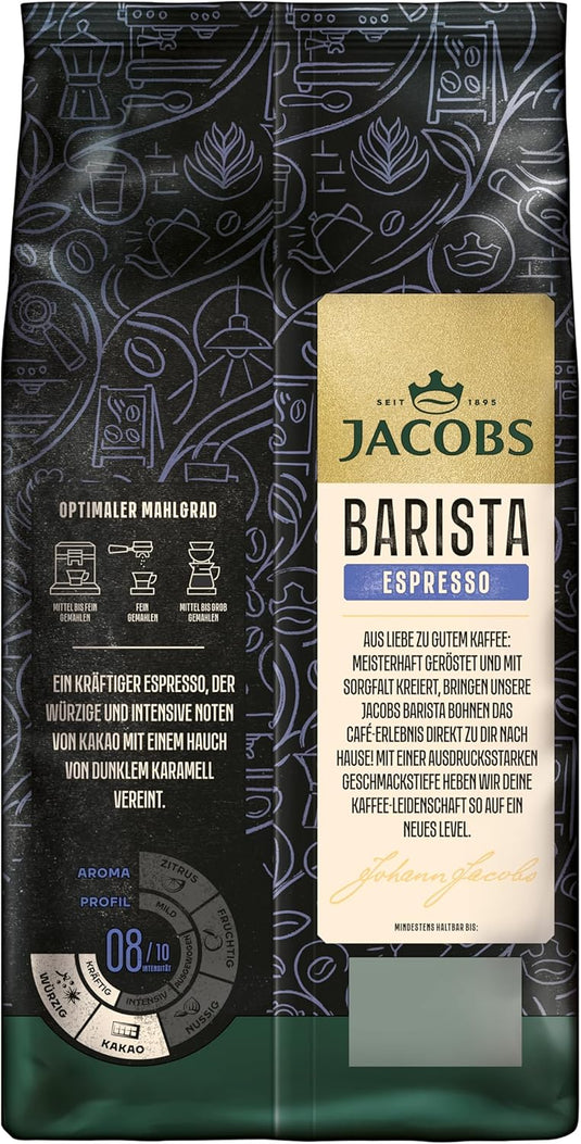 Jacobs Barista Espresso Coffee Beans 1 kg - Strong, Spicy, Cocoa & Caramel Notes, Arabica & Robusta Beans, Intensity 8/10, Ideal for Espresso or Latte Macchiato
