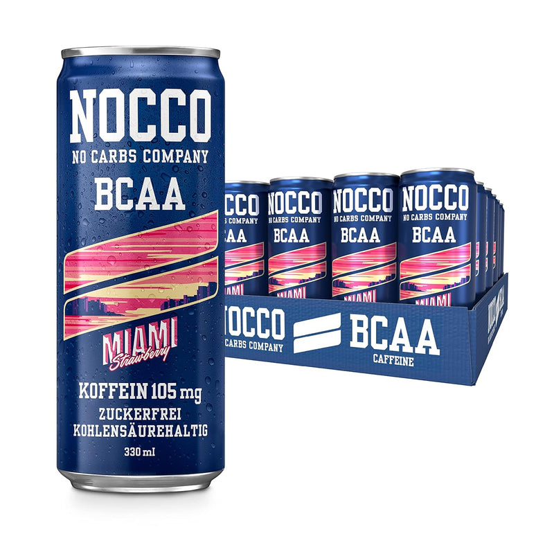 Load image into Gallery viewer, NOCCO BCAA Energy Drink Pack of 24 – Sugar-Free Vegan Energy Drink with Caffeine, Vitamins and Amino Acids – Miami Strawberry, 24 x 330 ml (Miami)
