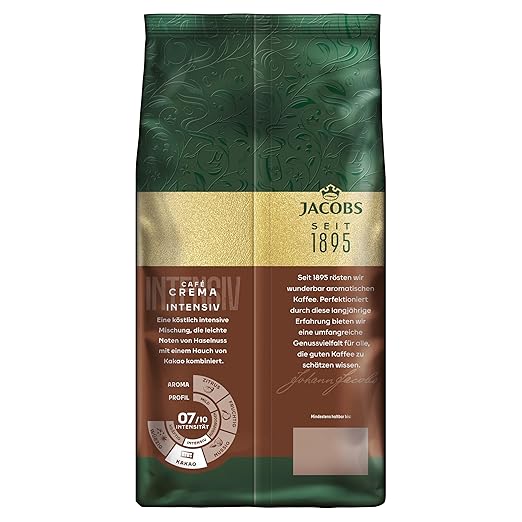 Jacobs Café Crema Intense Coffee Beans 1 kg - Intense, Nutty, Cocoa Note, Arabica & Robusta Beans, Intensity 7/10, Ideal for Café Crema