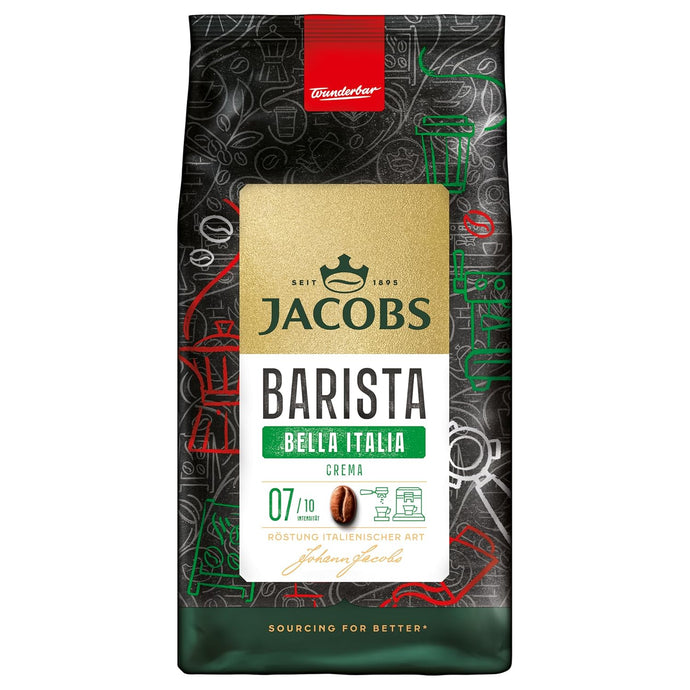 Jacobs Barista Selektion des Jahres Bella Italia Kaffeebohnen 1kg – Intensiv, Fruchtig, Kakao-Note, Arabica & Robusta Bohnen, Intensität 7/10, ideal für Caffè Crema, Café au Lait oder Latte Macchiato