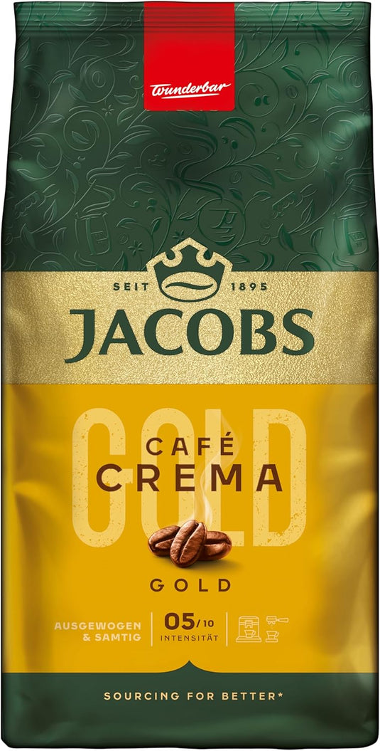 Jacobs Café Crema Gold Coffee Beans 1 kg – Whole Bean Blend for Café Crema, Latte & Cappuccino – Balanced Arabica/Robusta Roast