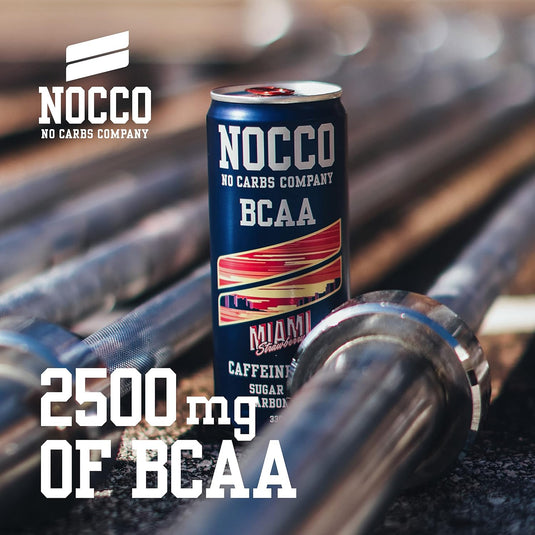 NOCCO BCAA Energy Drink Pack of 24 – Sugar-Free Vegan Energy Drink with Caffeine, Vitamins and Amino Acids – Miami Strawberry, 24 x 330 ml (Miami)