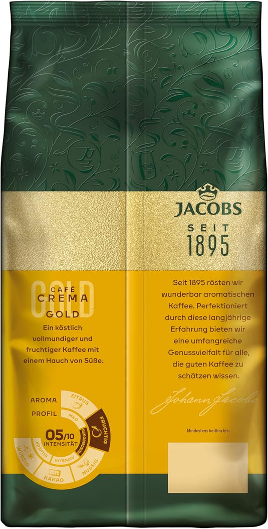 Jacobs Café Crema Gold Coffee Beans 1 kg – Whole Bean Blend for Café Crema, Latte & Cappuccino – Balanced Arabica/Robusta Roast