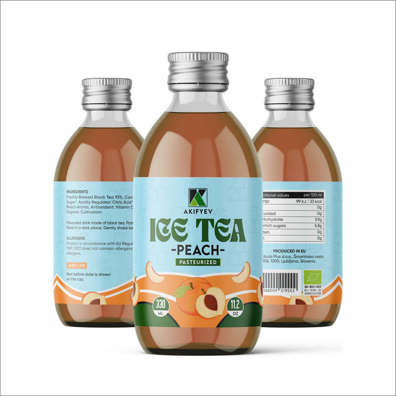 Load image into Gallery viewer, AKIFYEV BIO Ice Tea Peach 12 x 330 ml | Premium Organic Ice Tea in Glass Bottles | Cold Brew + Nitrogen Flush | Natural, Vegan &amp; Allergen-Free Refreshment
