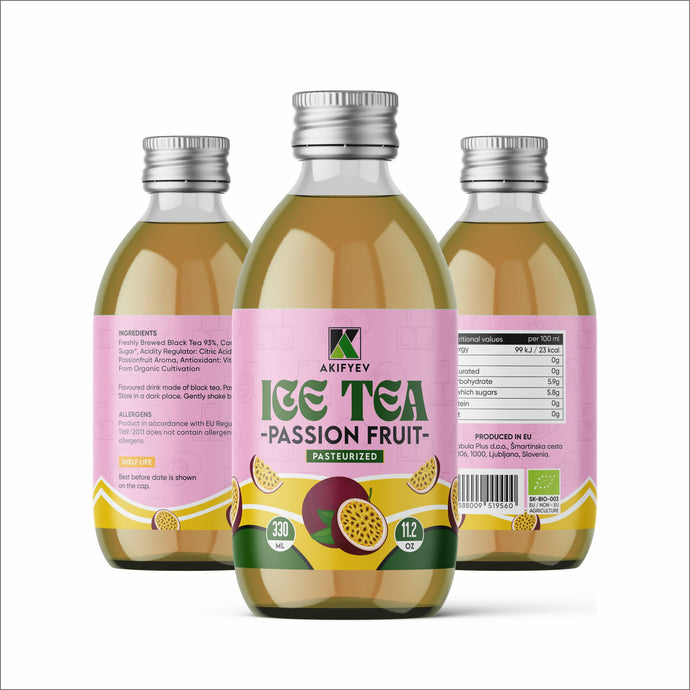 AKIFYEV BIO Ice Tea Passion Fruit 12 x 330 ml | Premium Organic Ice Tea in Glass Bottles | Cold Brew + Nitrogen Flush | Natural, Vegan & Allergen-Free Refreshment