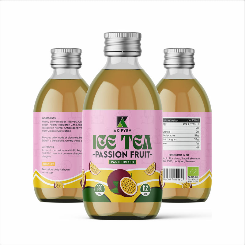 Load image into Gallery viewer, AKIFYEV BIO Ice Tea Passion Fruit 12 x 330 ml | Premium Organic Ice Tea in Glass Bottles | Cold Brew + Nitrogen Flush | Natural, Vegan &amp; Allergen-Free Refreshment
