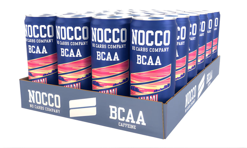 Load image into Gallery viewer, NOCCO BCAA Energy Drink Pack of 24 – Sugar-Free Vegan Energy Drink with Caffeine, Vitamins and Amino Acids – Miami Strawberry, 24 x 330 ml (Miami)
