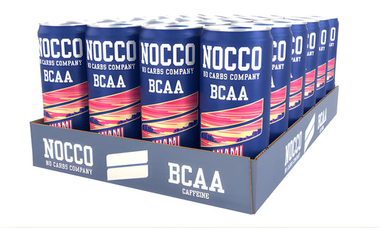 NOCCO BCAA Energy Drink Pack of 24 – Sugar-Free Vegan Energy Drink with Caffeine, Vitamins and Amino Acids – Miami Strawberry, 24 x 330 ml (Miami)