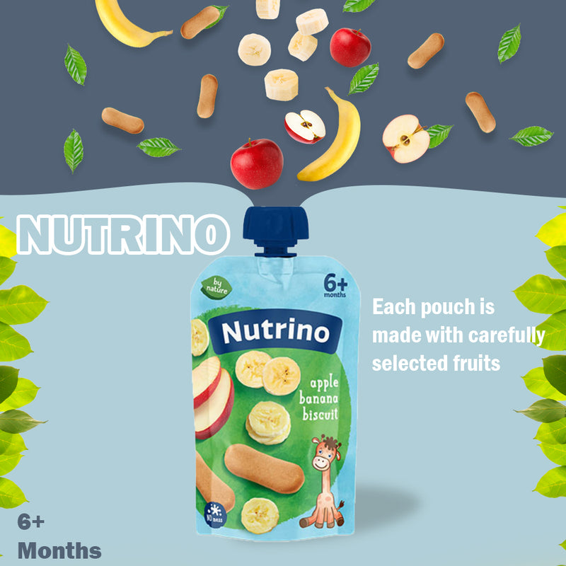 Load image into Gallery viewer, Nutrino Apple Banana Biscuit Fruit Puree – 10 x 100g Pouches – Smooth Fruit Blend for Babies and Toddlers – No Added Sugar or Preservatives – Convenient On-the-Go Snack
